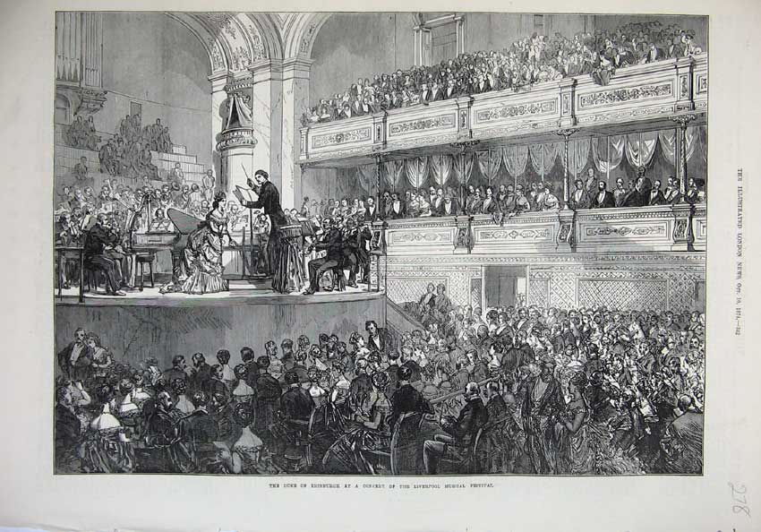 Old Antique Print 1874 Duke Edinburgh Concert Liverpool Musical Festival 19th