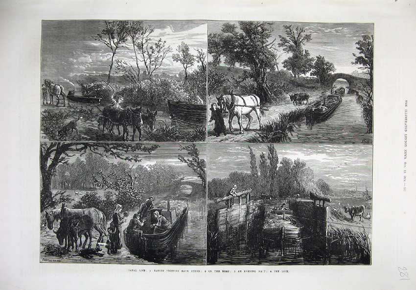 Original Old Antique Print 1874 Canal Life Barges Lock Horses Donkey Fine Art