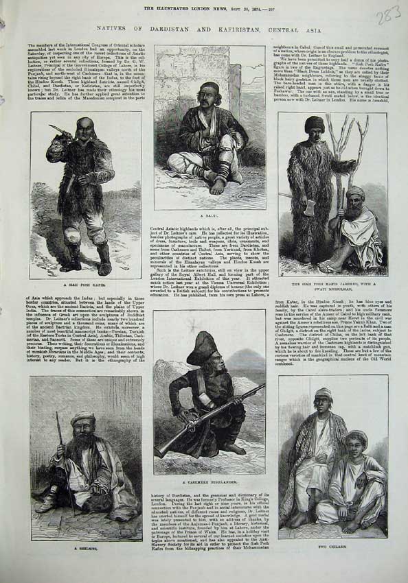 Original Old Antique Print 1874 Natives Asia Balti Siah Kafir Ghilgiti Chilasis