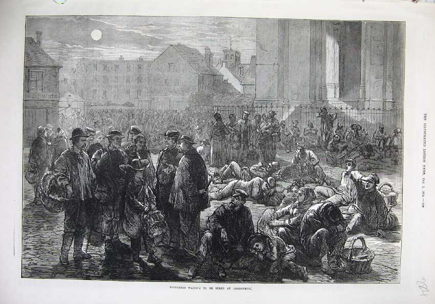 Original Old Antique Print 1874 Fine Art Rs Argenteuil Moonlight Street Men