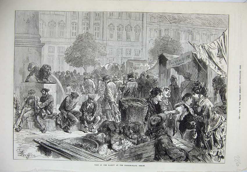 Original Old Antique Print 1875 View Market Donhofs-Platz Berlin Germany People