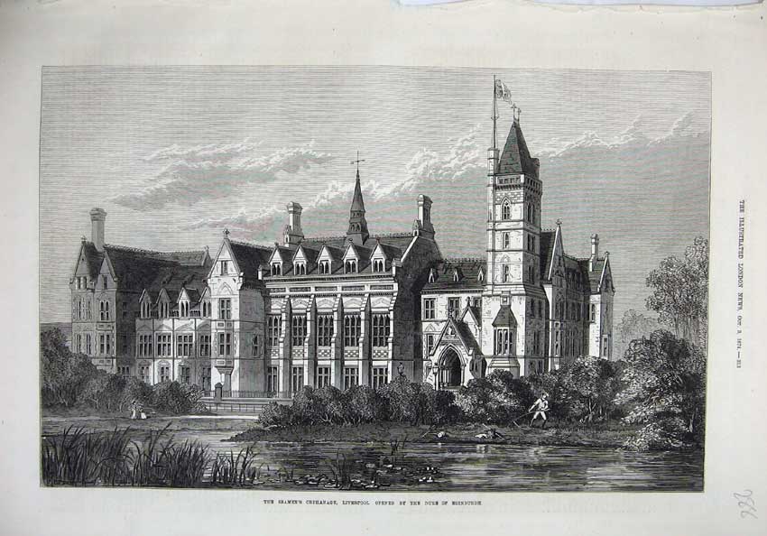 Old Antique Print 1874 Seaman'S Orphanage Liverpool Architecture Fine Art 19th
