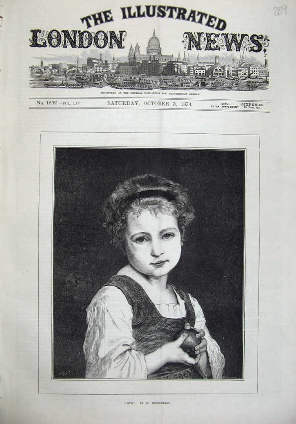Original Old Antique Print 1874 Fine Art Portrait Little Girl Eve Bouguereau