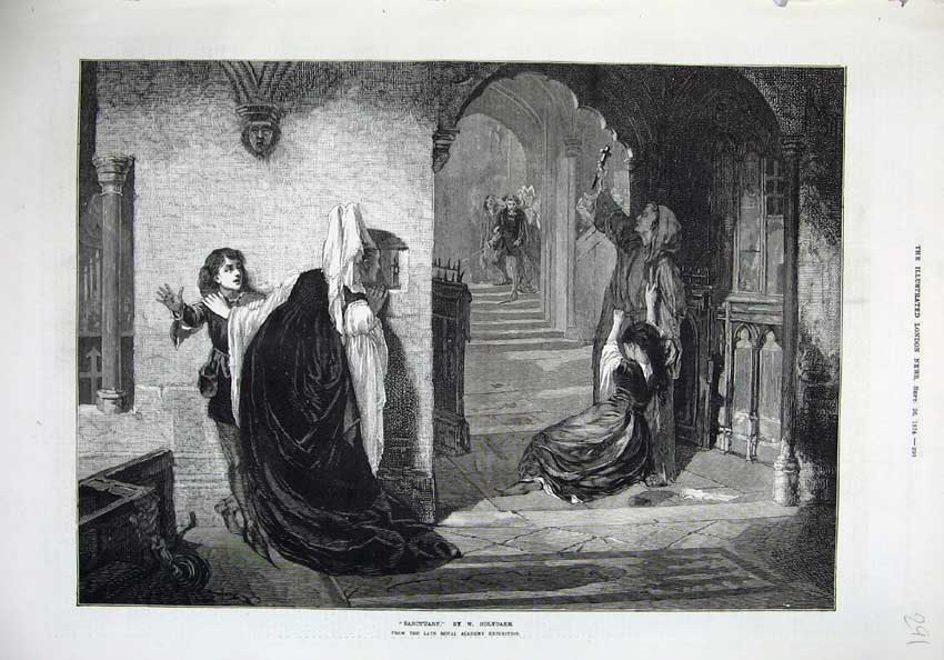 Original Old Antique Print 1874 Fine Art Sanctuary Boy Women Hiding Holyoake
