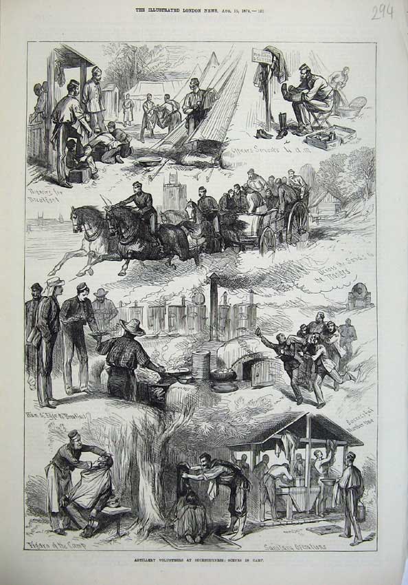 Original Old Antique Print 1874 Artillery Volunteers Shoeburyness Camp Ta Army