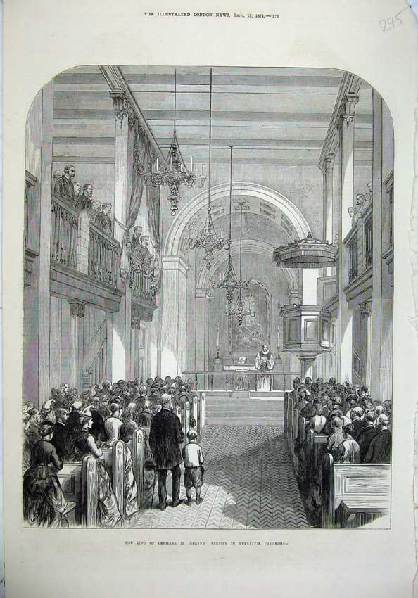 Old Antique Print 1874 King Denmark Iceland Service Reykjavik Cathedral 19th