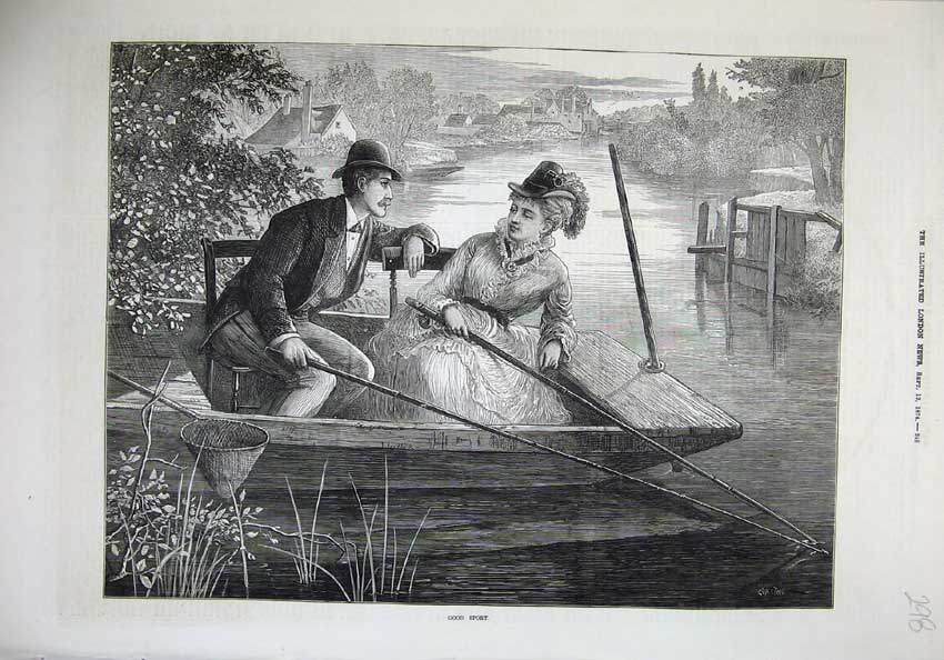 Original Old Antique Print 1874 Fine Art Woman Man Boat River Romance Victorian