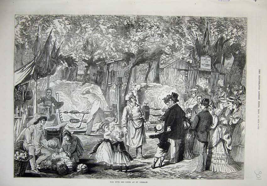 Original Old Antique Print 1874 Fete Des Loges Germain People Food Victorian