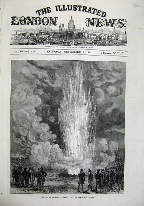 Old Antique Print 1874 King Denmark Iceland Strokr Geyser Hot Spring Art 19th