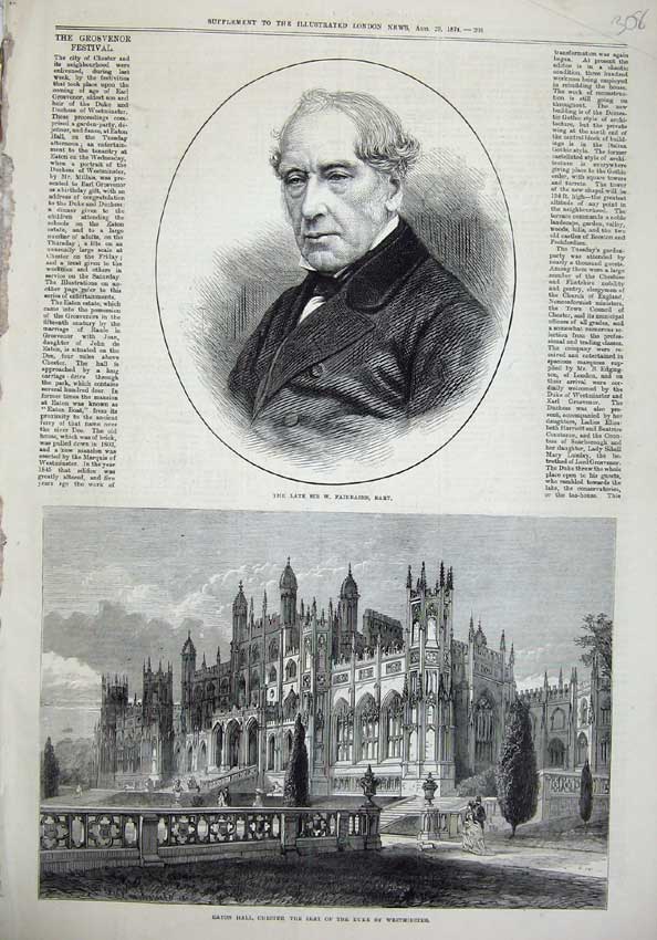 Old Antique Print 1874 Eaton Hall Chester Duke Westminster Fairbairn Art 19th