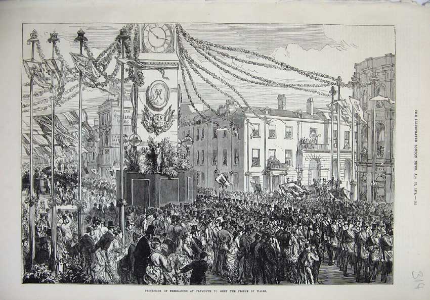 Original Old Antique Print Procession Freemasons Plymouth Prince Wales 1874