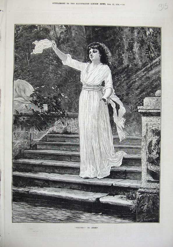 Original Old Antique Print 1874 Fine Art Beautiful Woman Steps Ambery Victorian