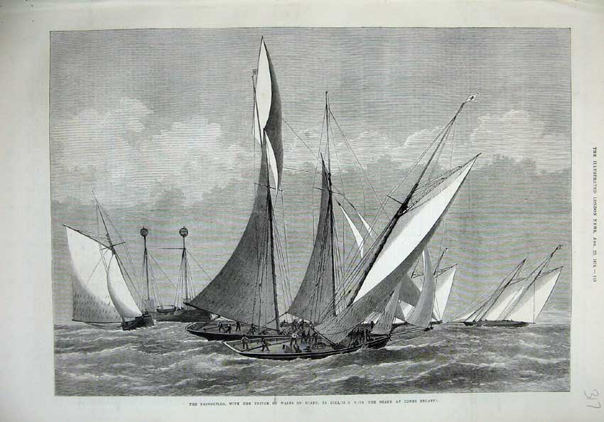 Old Antique Print 1874 Kriemhilda Ship Prince Wales Shark Cowes Regatta 19th