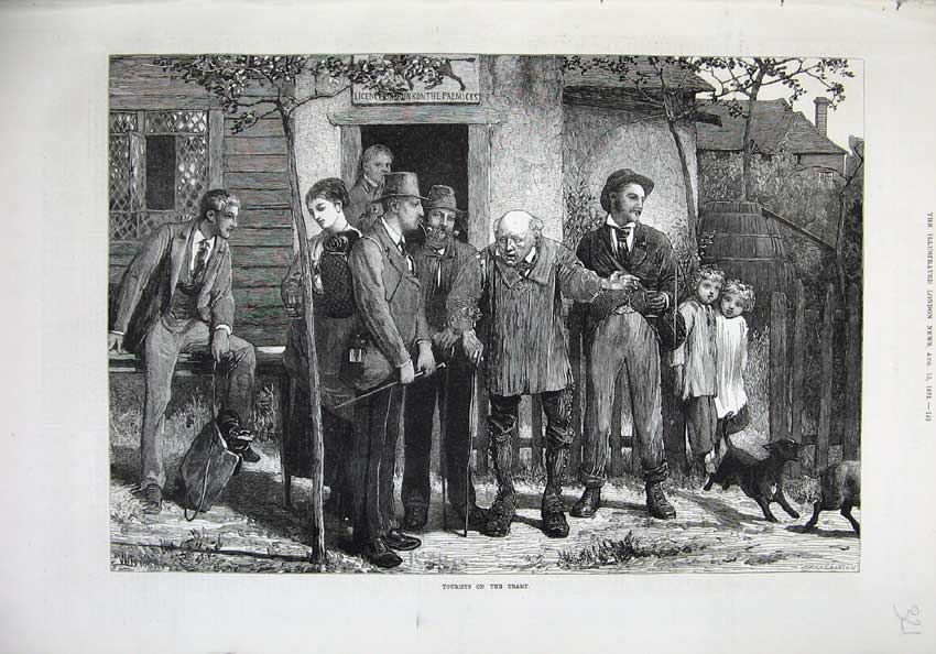 Old Antique Print 1874 Tourists Tramp Men Children Dogs Fine Art Linton 19th