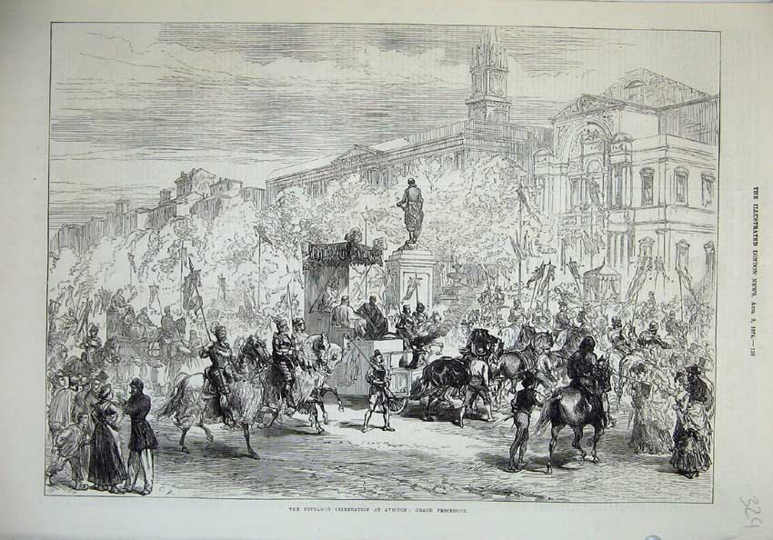 Old Antique Print 1874 Petrarch Celebration Avignon Procession Army Men 19th