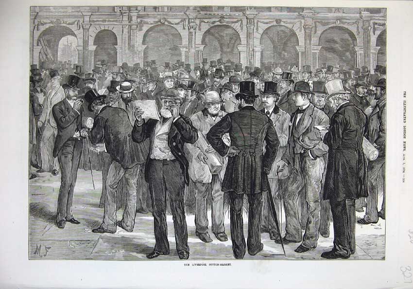 Original Old Antique Print 1874 Scene Liverpool Cotton Market Men Fine Art 19th