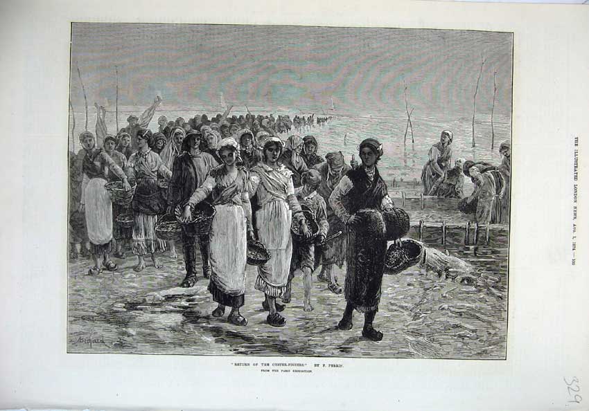 Original Old Antique Print 1874 Fine Art Return Oyster Fishing People Perrin