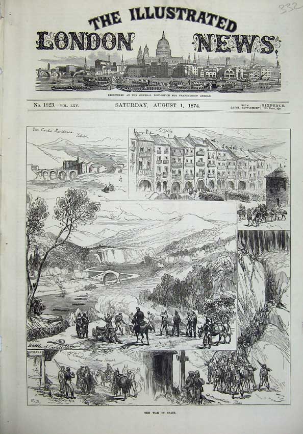 Old Antique Print 1874 War Spain Carlist Custom House Battle Castlefollit 19th
