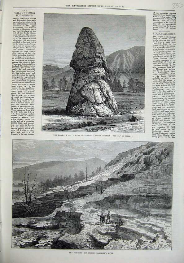 Old Antique Print 1874 Hot Springs Yellowstone America Cap Liberty River 19th