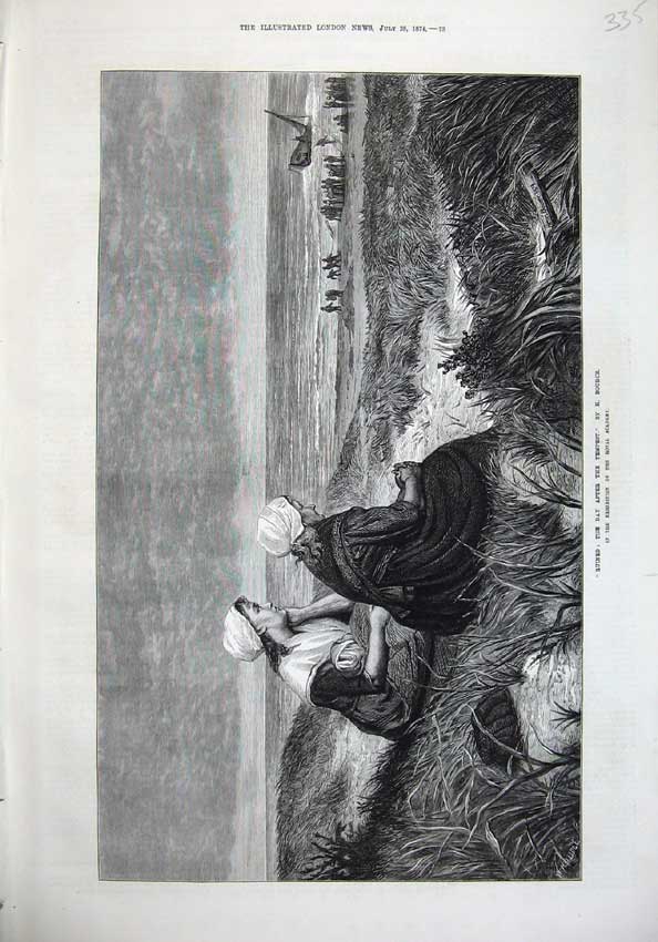 Original Old Antique Print 1874 Tempest Women Beach Ship Wreck Men Fine Art