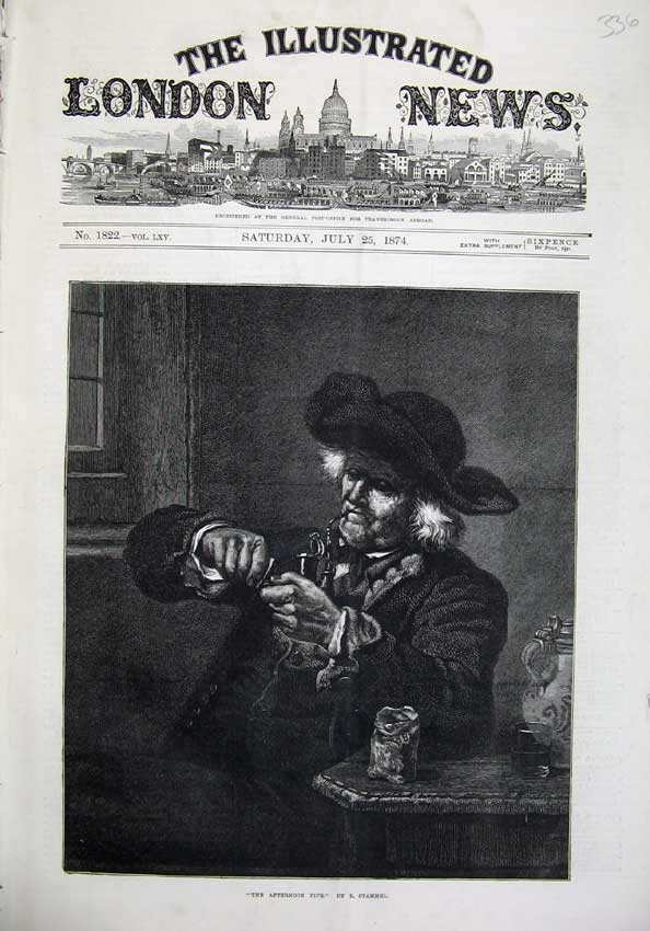 Original Old Antique Print 1874 Man Smoking Afternoon Pipe Fine Art Stammel
