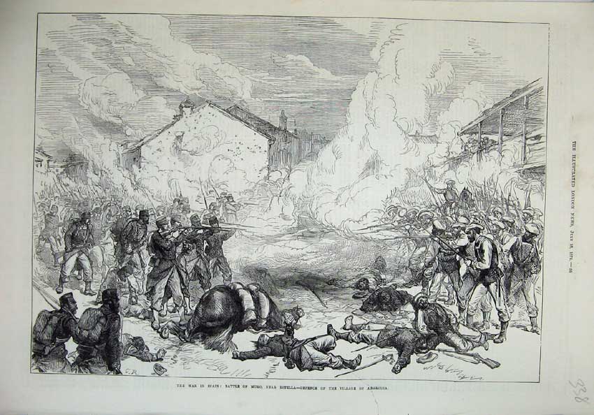 Original Old Antique Print 1874 War Spain Battle Muro Estella Village Abarzuza