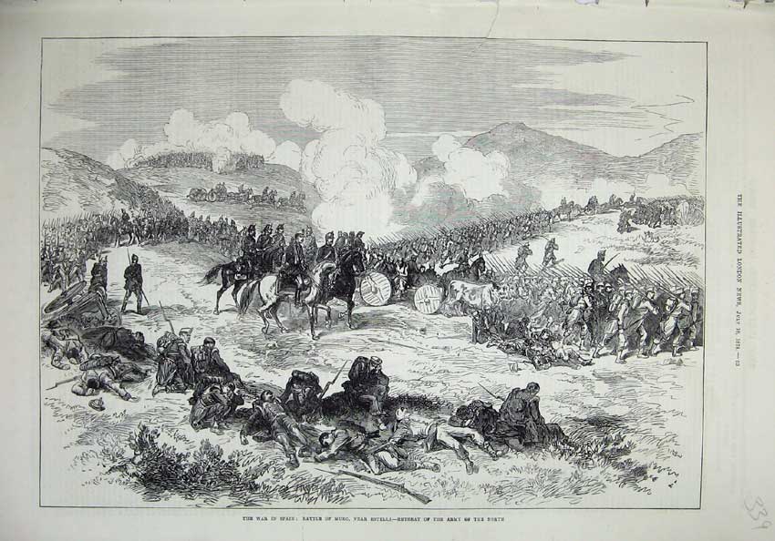 Original Old Antique Print 1874 War Spain Battle Muro Estella Army Men Horses