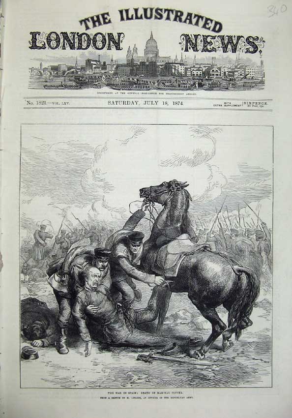 Original Old Antique Print 1874 War Spain Death Marshal Concha Army Linares