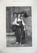 Original Old Antique Print 1874 Fine Art Beautiful Woman Well Man Wall Vely