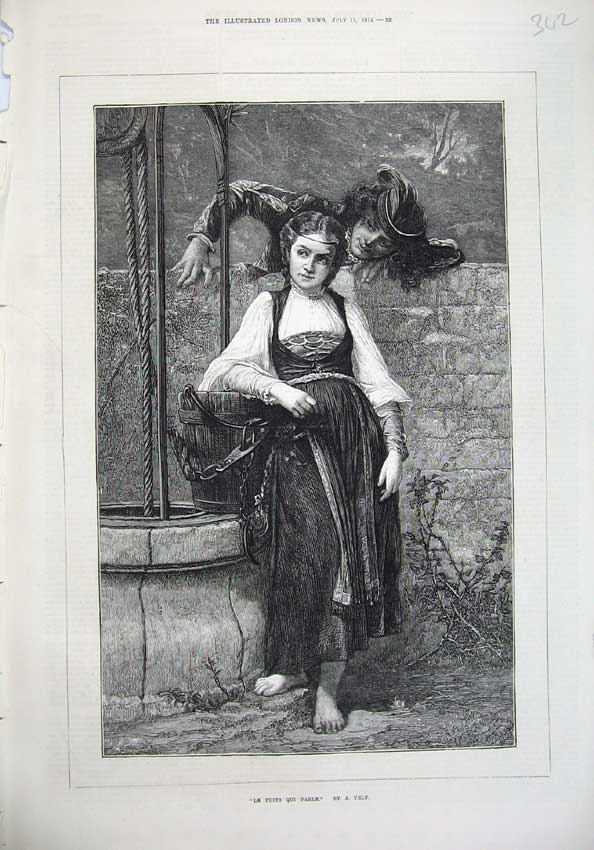 Original Old Antique Print 1874 Fine Art Beautiful Woman Well Man Wall Vely