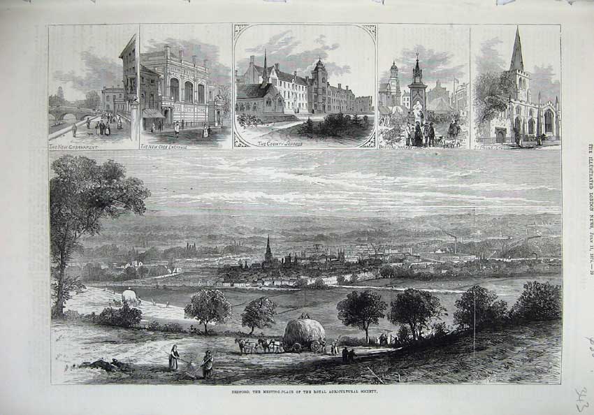 Original Old Antique Print 1874 Bedford Corn Exchange School Market Cathedral