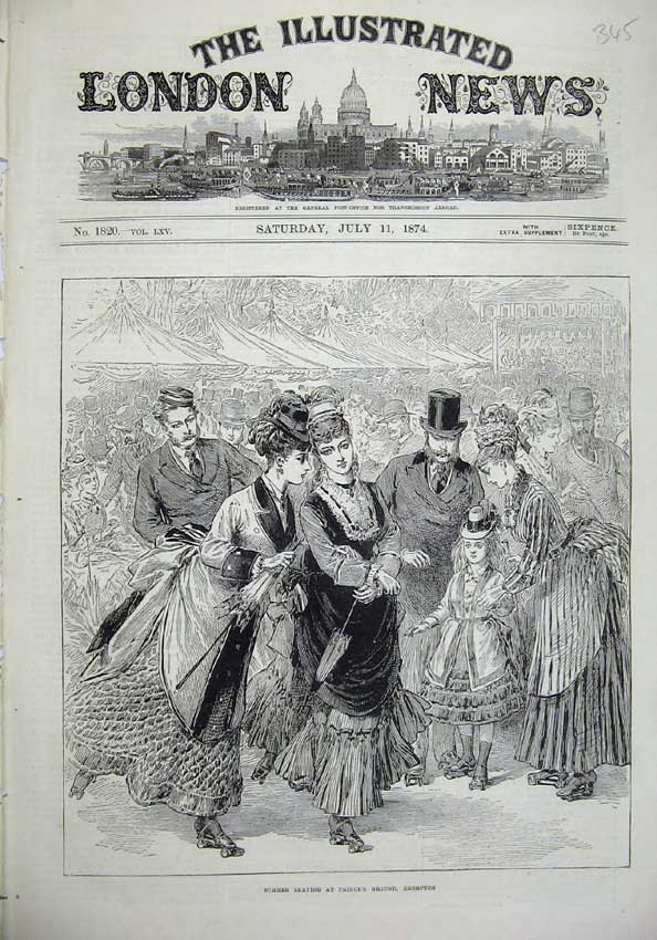 Original Old Antique Print 1874 Summer Skating Prince'S Ground Brompton 19th