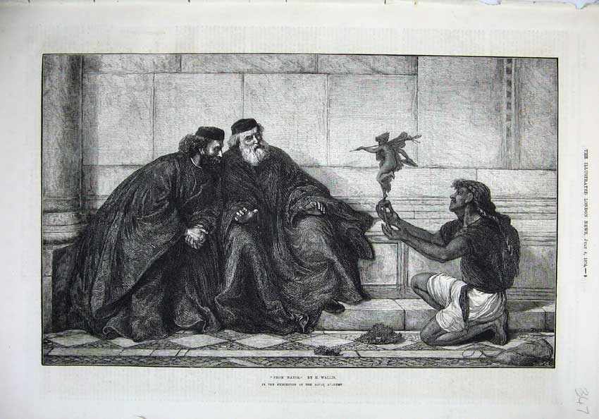Original Old Antique Print 1874 Men Monk Angel Statue Native Wallis Fine Art
