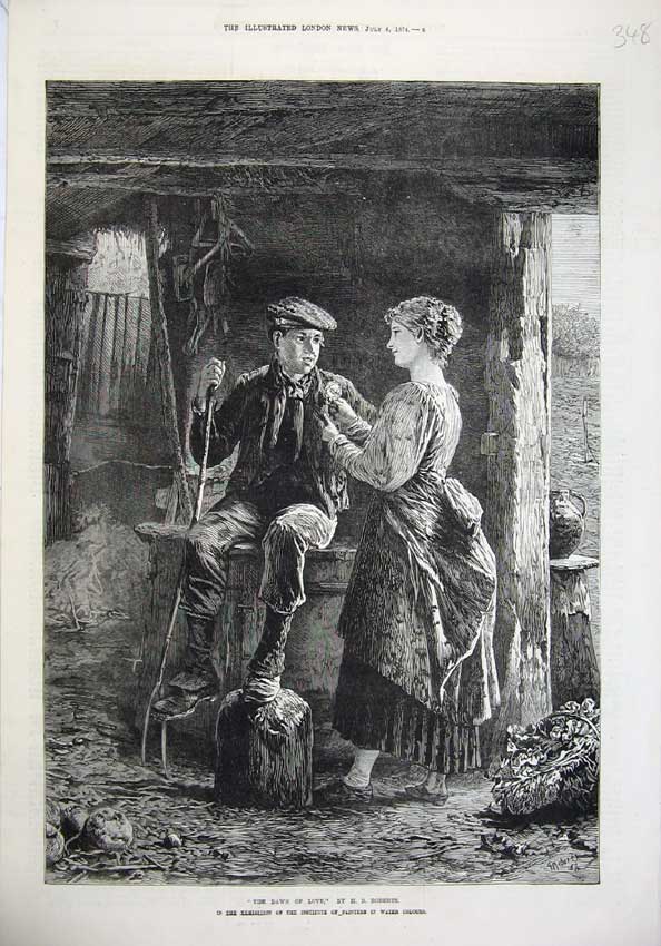 Original Old Antique Print 1874 Dawn Love Roberts Fine Art Man Woman Romance