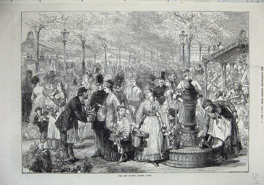 Original Old Antique Print 1874 View New Flower Market Paris France People 19th