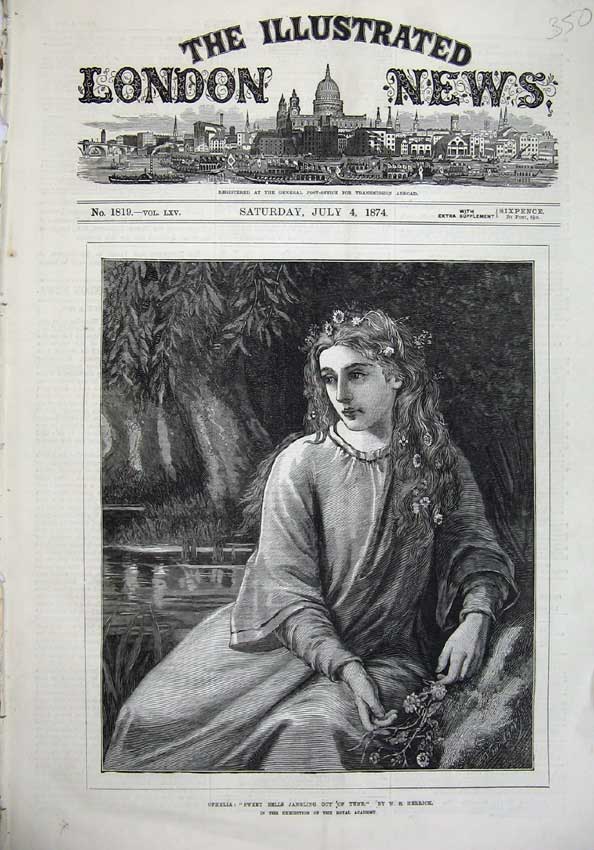 Original Old Antique Print 1874 Fine Art Portrait Ophelia Woman Flowers Herrick