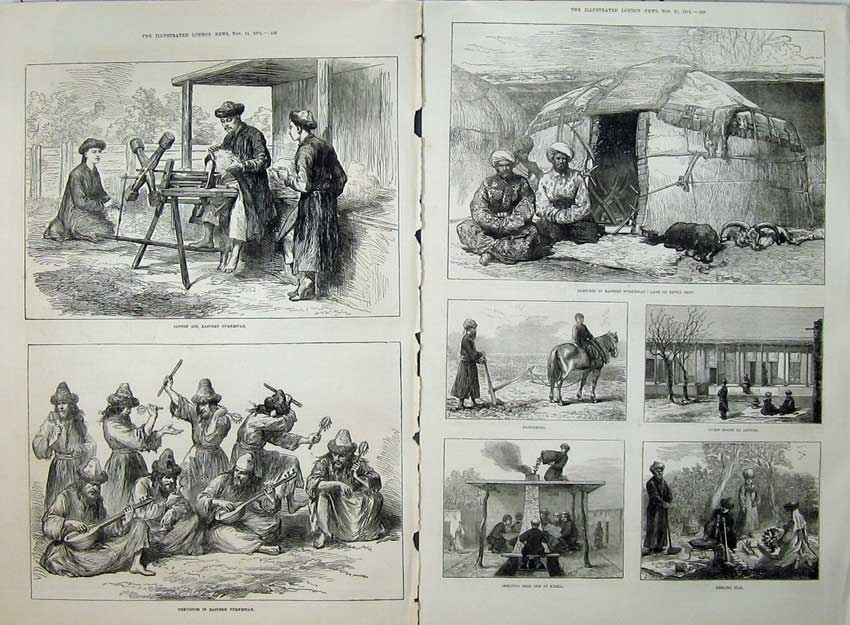 Old Antique Print 1874 Turkestan Cotton Gin Dervishes Kizzii Akoe Tent 19th