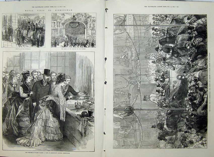 Antique Old Print 1874 Prince Wales Birmingham Elkington Bull Street Arch 19th