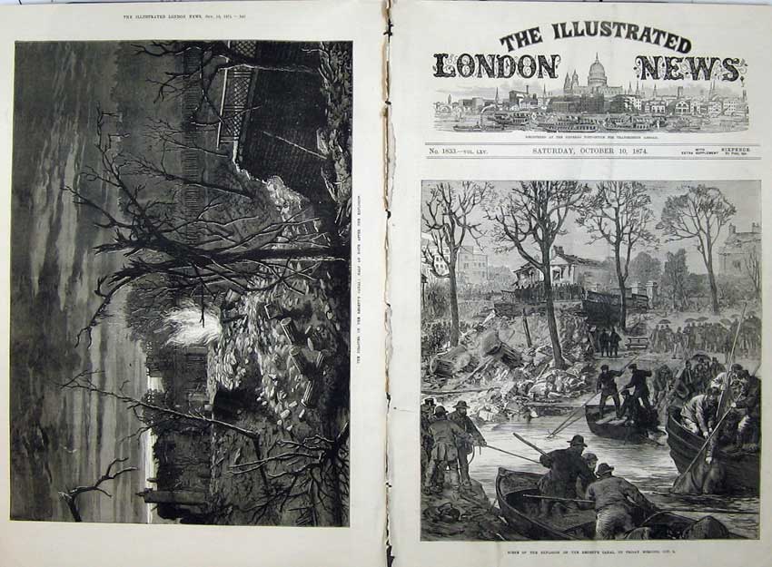 Old Antique Print 1874 Disaster Regents Canal Boats Men Trees Fine Art 19th