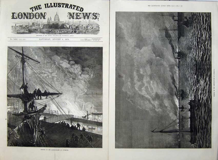 Antique Old Print Burning Landing Stage Liverpool 1874 Fine Art Ships Sea 19th