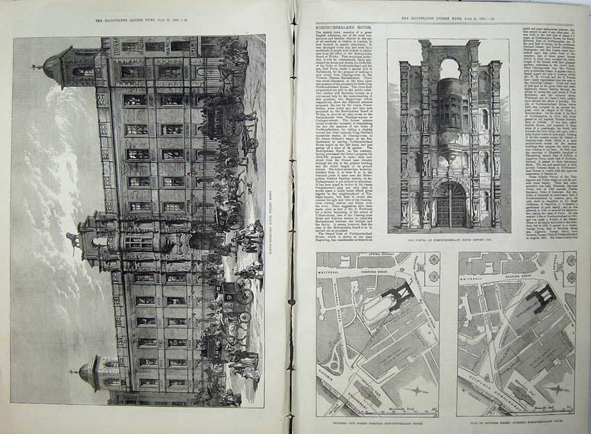 Old Antique Print 1874 Northumberland House Portal Plan Street Fine Art 19th