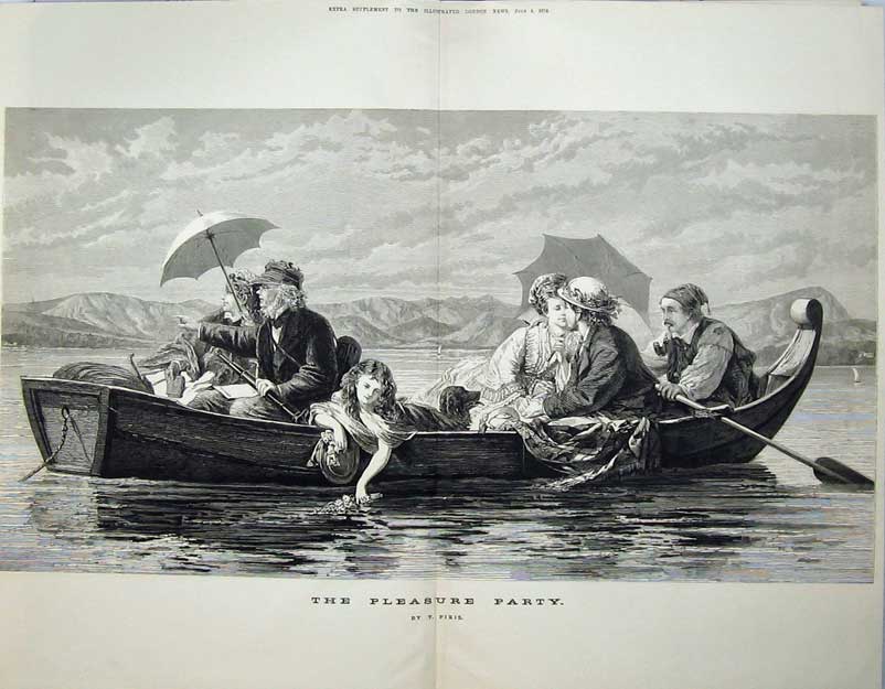 Antique Old Print 1874 Fine Art Pleasure Party Families River Boat Flower 19th