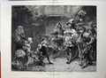 Original Old Antique Print 1874 Woman Begging Men Sword Children Art Staniland