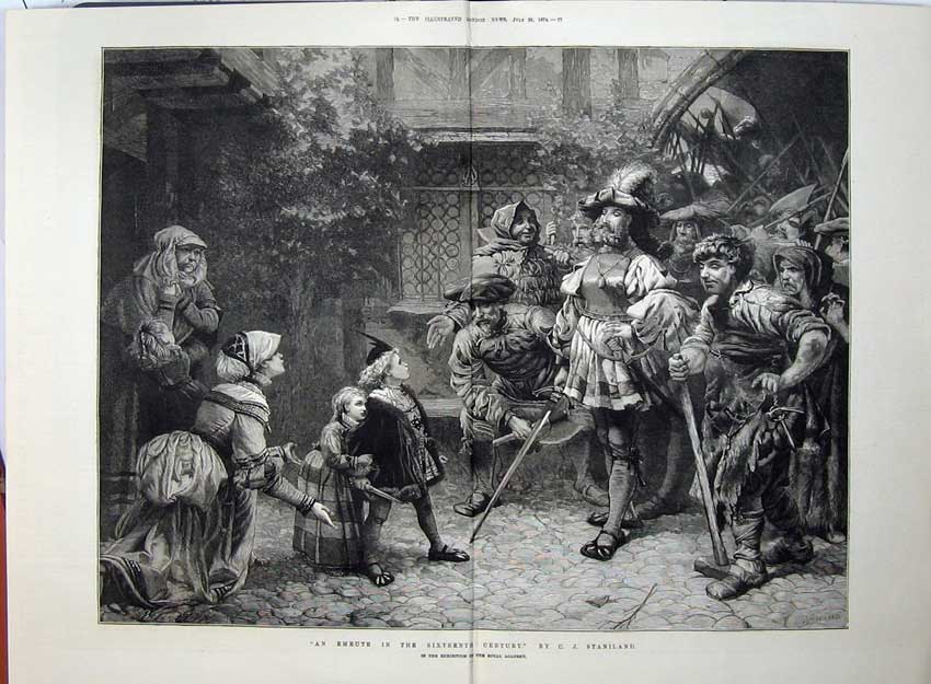 Original Old Antique Print 1874 Woman Begging Men Sword Children Art Staniland