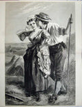 Antique Old Print 1874 Fine Art Country Farmer Man Woman Romance Haystack 19th
