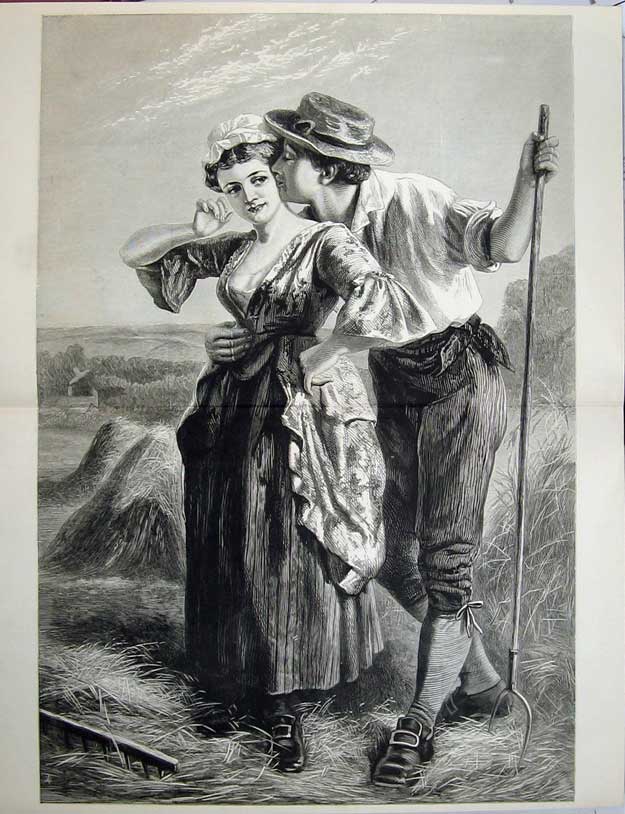 Antique Old Print 1874 Fine Art Country Farmer Man Woman Romance Haystack 19th