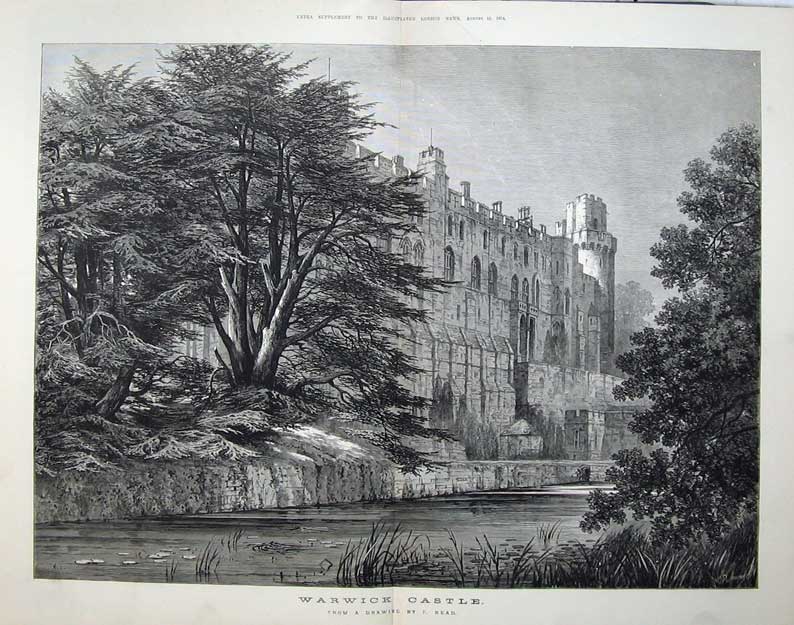 Original Old Antique Print 1874 Fine Art View Warwick Castle Architecture 19th
