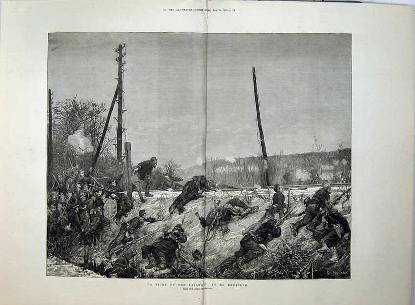 Original Old Antique Print Fine Art 1874 Fight Railway Army War Neuville 19th