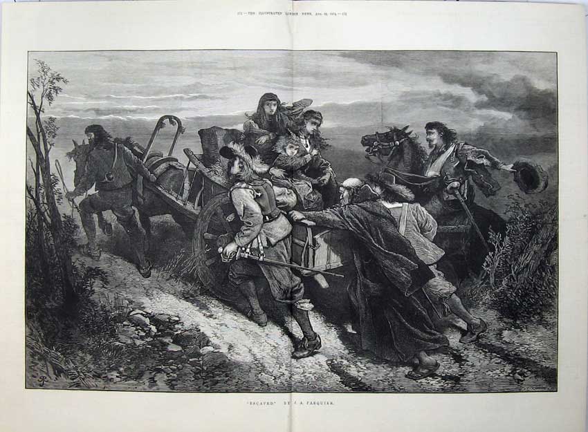 Antique Old Print 1874 Fine Art Men Children Horse Cart Escaping Pasquier 19th