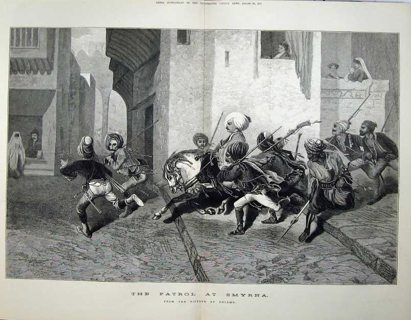Old Antique Print 1874 Patrol Symrna Battle Men Chasing Fine Art Decamp 19th